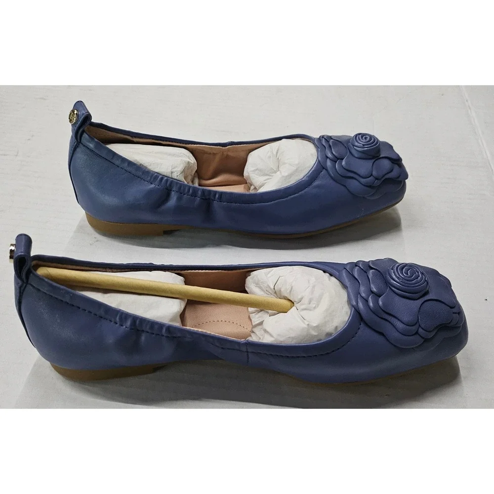 Taryn‎ Rose Rosalyn Blue Sheep Nappa Leather Rose Square Toe Ballet Flats 5.5M